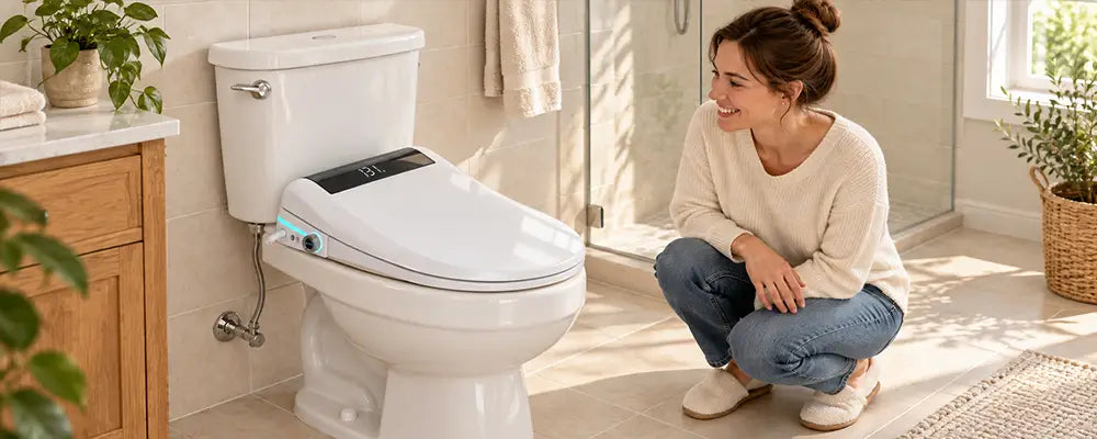 Woman looking at an electric bidet toilet seat installed on a standard toilet in a bright home bathroom