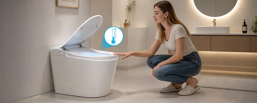 Woman checking heated toilet seat temperature