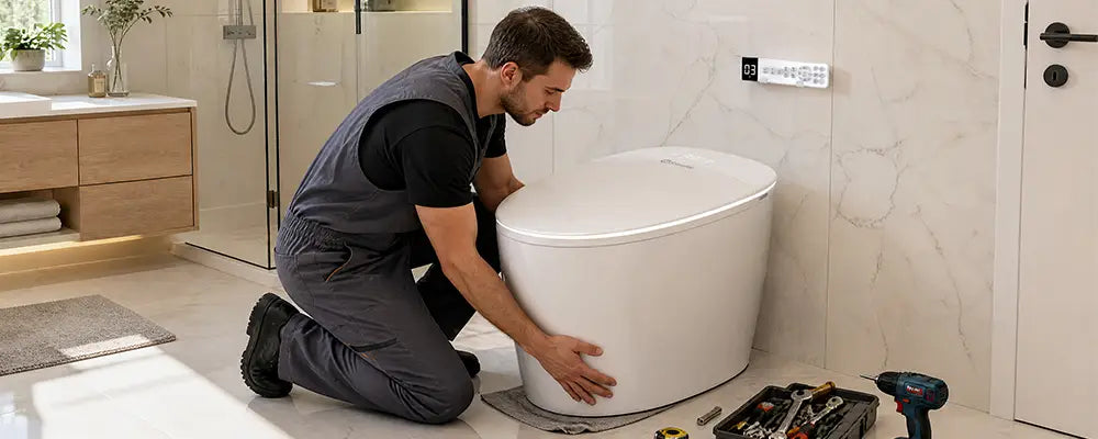 A professional plumber lifting and positioning a white floor-mounted smart toilet during installation in a modern bathroom.