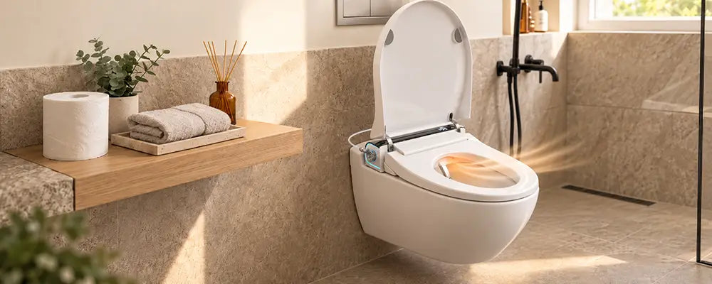 Wall-mounted smart toilet with illustrated warm airflow, toilet paper and a folded towel nearby