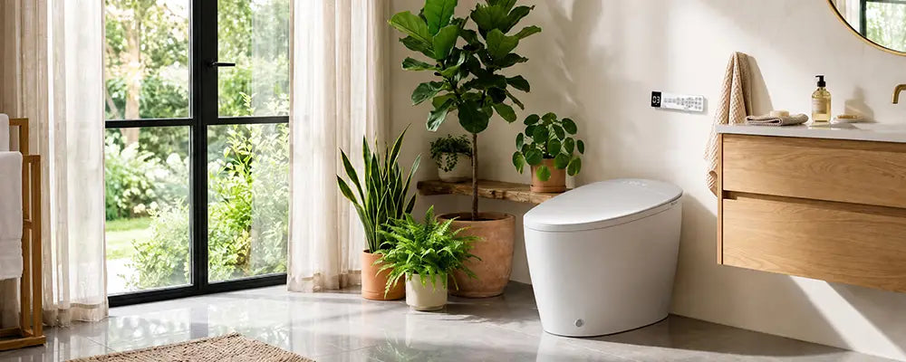 Modern self-cleaning smart toilet in a bright bathroom with a floating vanity
