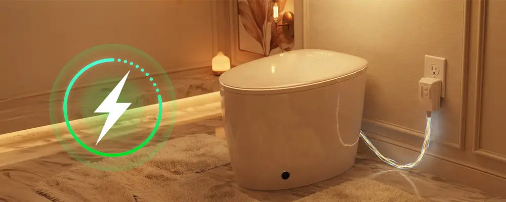 Modern smart toilet next to a bathroom electrical outlet, showing that most smart toilets require power.