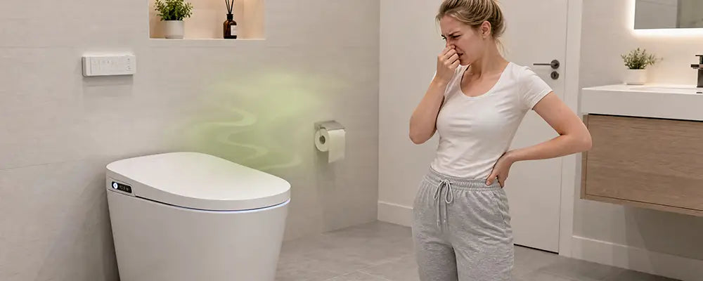 Woman reacting to an unpleasant smell near a smart toilet in a bathroom