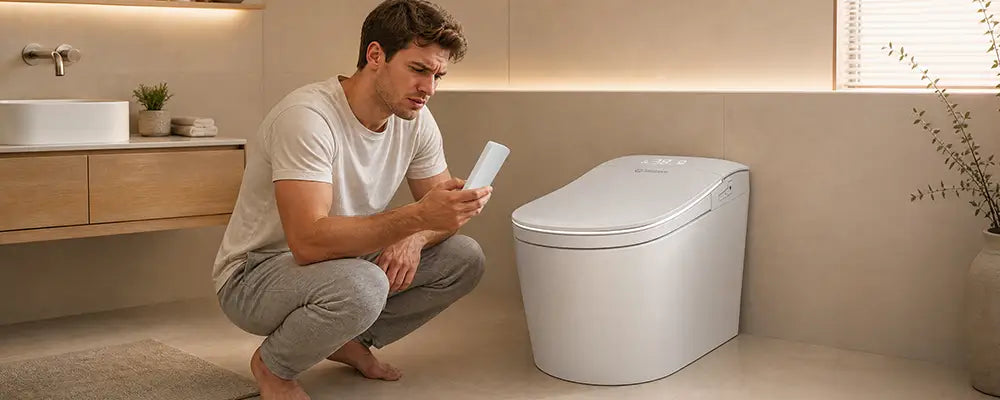 homeowner troubleshooting a smart toilet that won’t turn on