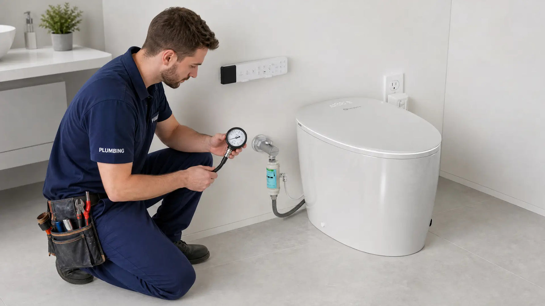 Plumber checking smart toilet water pressure with a pressure gauge