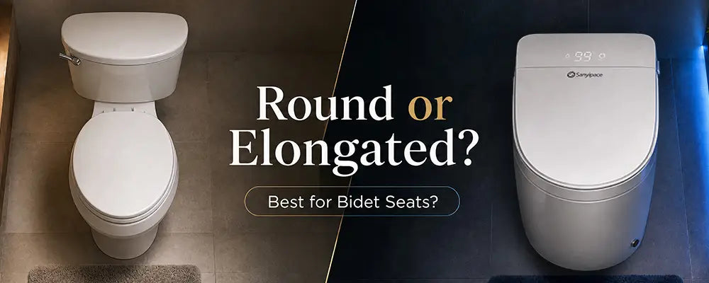Round and elongated toilet bowls compared side by side for choosing the best bidet seat fit.