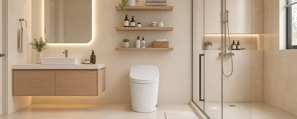 Smart toilet for a small bathroom with a floating vanity and glass shower