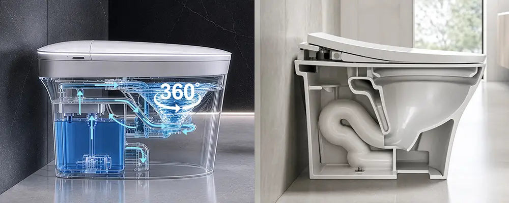 Comparison of built-in tank and tankless smart toilet flushing systems