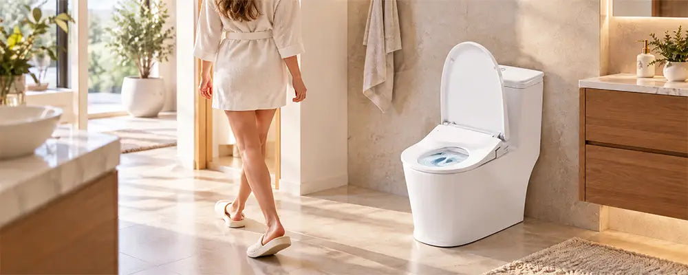 Automatic flush toilet flushing as a woman walks away in a sunlit bathroom.