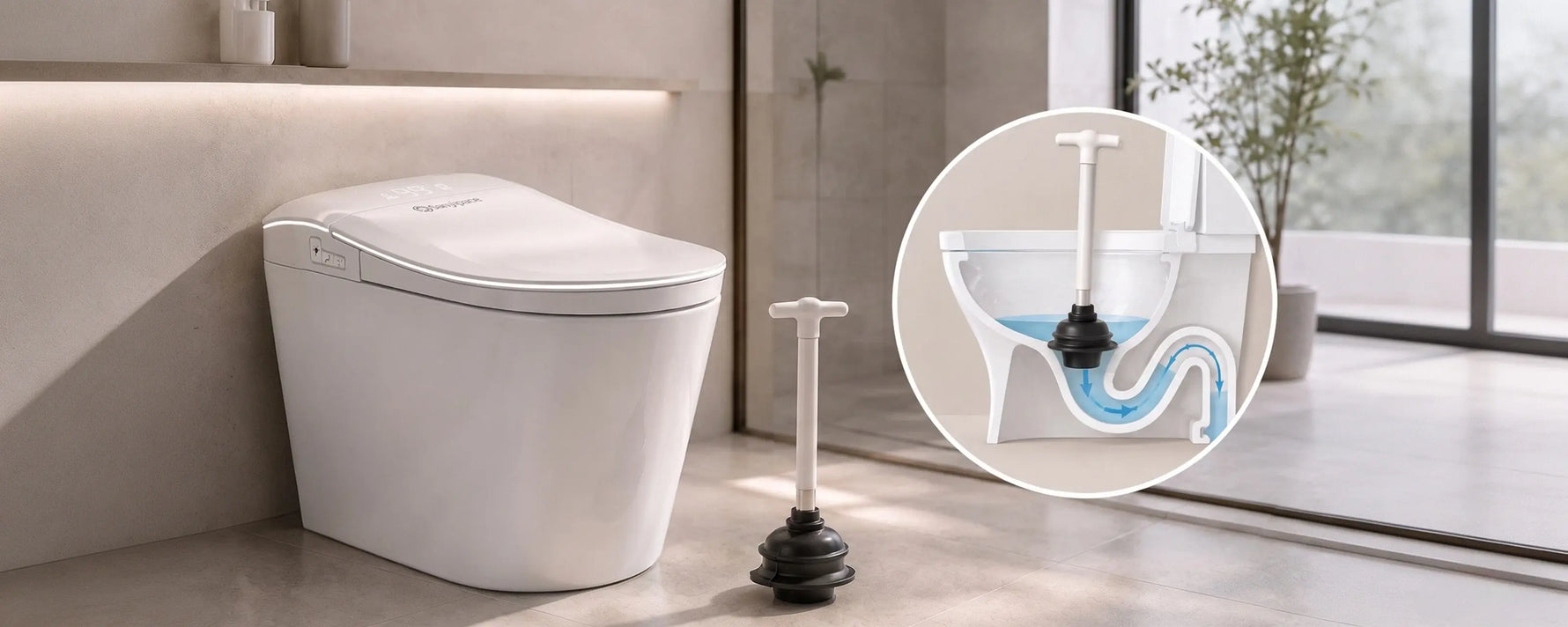 Sanyipace smart toilet with soft-rubber flange plunger and trapway unclogging diagram