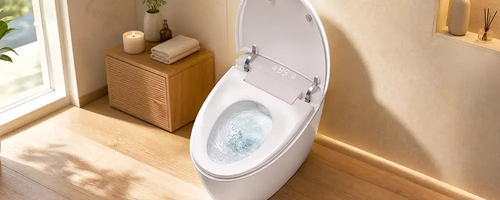 Smart toilet flushing normally in a modern bathroom