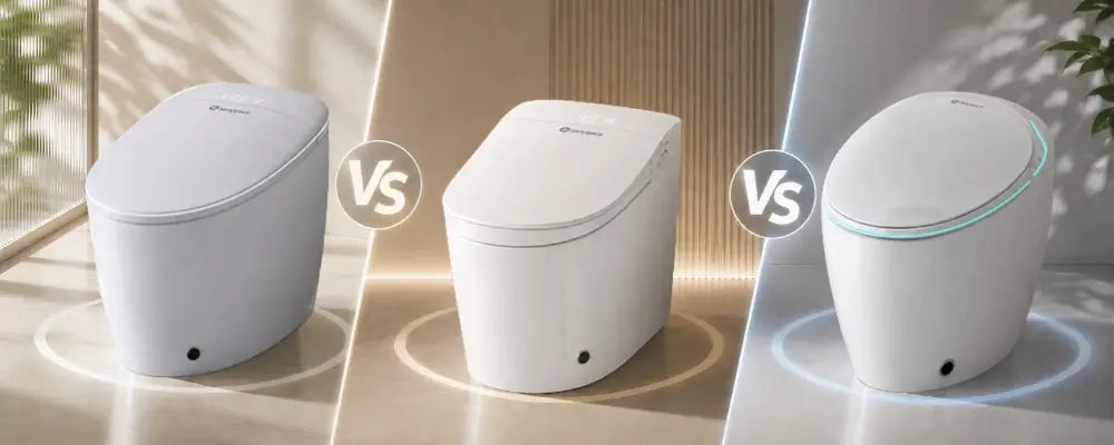 Sanyipace SD01 Pro, SD03 Pro, and SD05 Pro smart toilets side by side for comparison