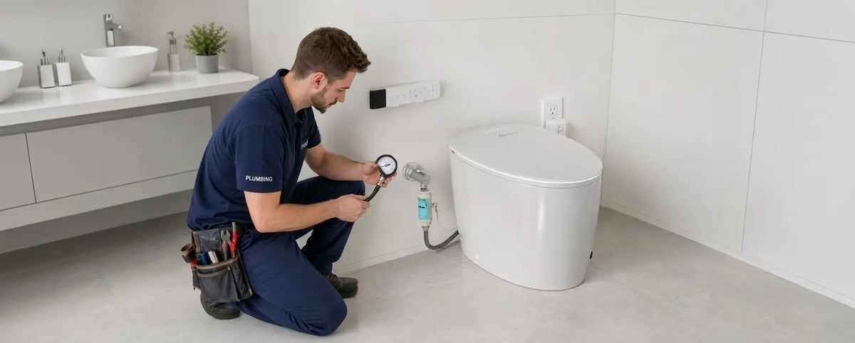 Plumber checking smart toilet water pressure with a pressure gauge