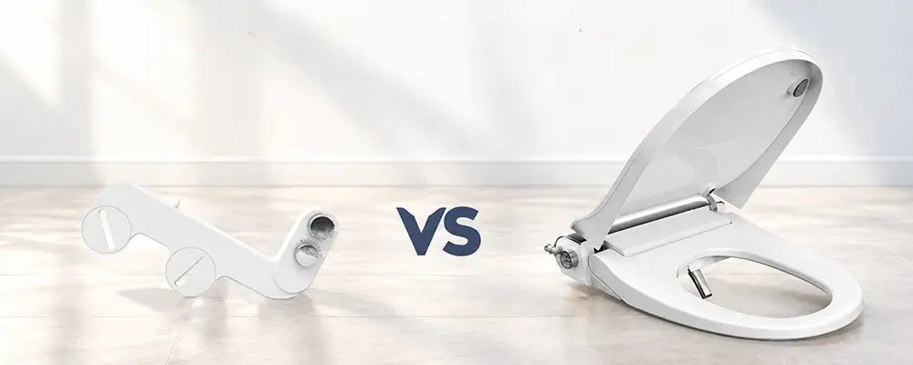 Bidet attachment with two control dials compared with a replacement bidet toilet seat.